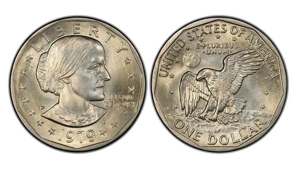 1979 Susan B. Anthony dollar obverse and reverse showing portrait of Susan B. Anthony and eagle moon landing reverse design