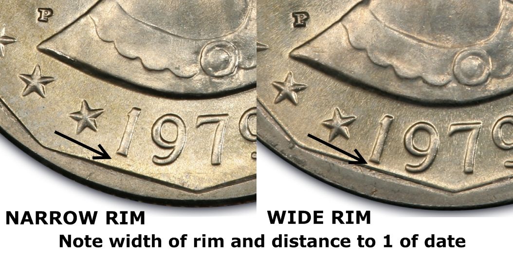 Side-by-side comparison of 1979-P Narrow Rim Far Date dollar versus 1979-P Wide Rim Near Date dollar showing gap between date and rim
