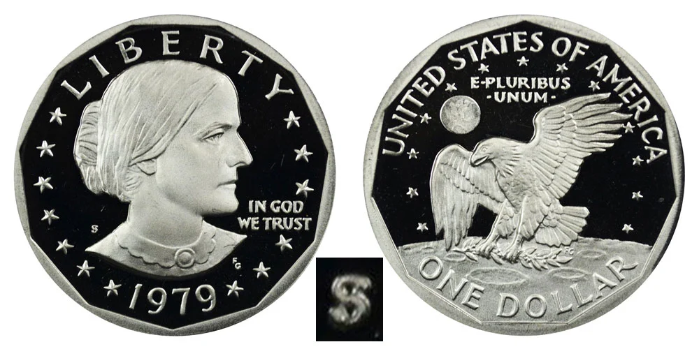 Close-up macro comparison of 1979-S Type 1 Filled S proof mint mark versus Type 2 Clear S proof mint mark on Susan B. Anthony dollar