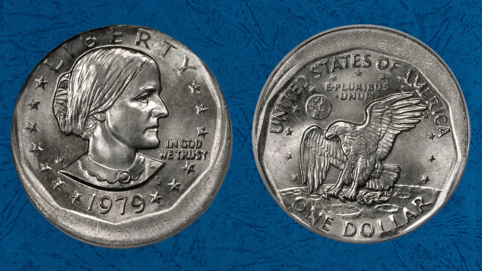 1979 Susan B. Anthony dollar with off-center strike error showing design shifted to one side with blank planchet crescent visible