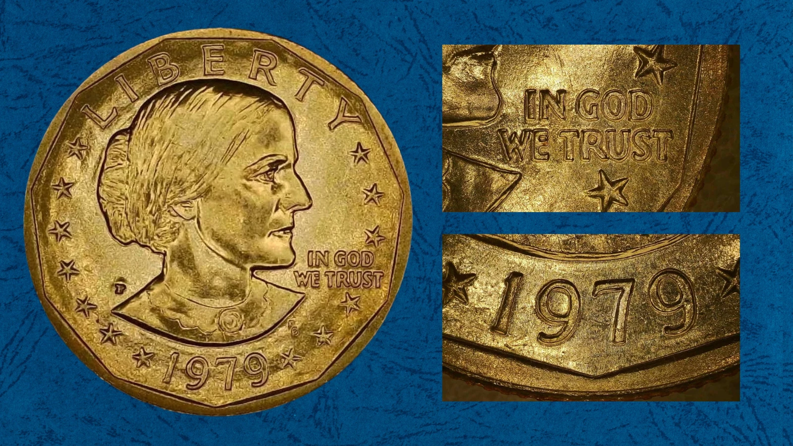 Close-up macro of 1979 Susan B. Anthony dollar doubled die obverse error showing doubling visible on LIBERTY lettering and date
