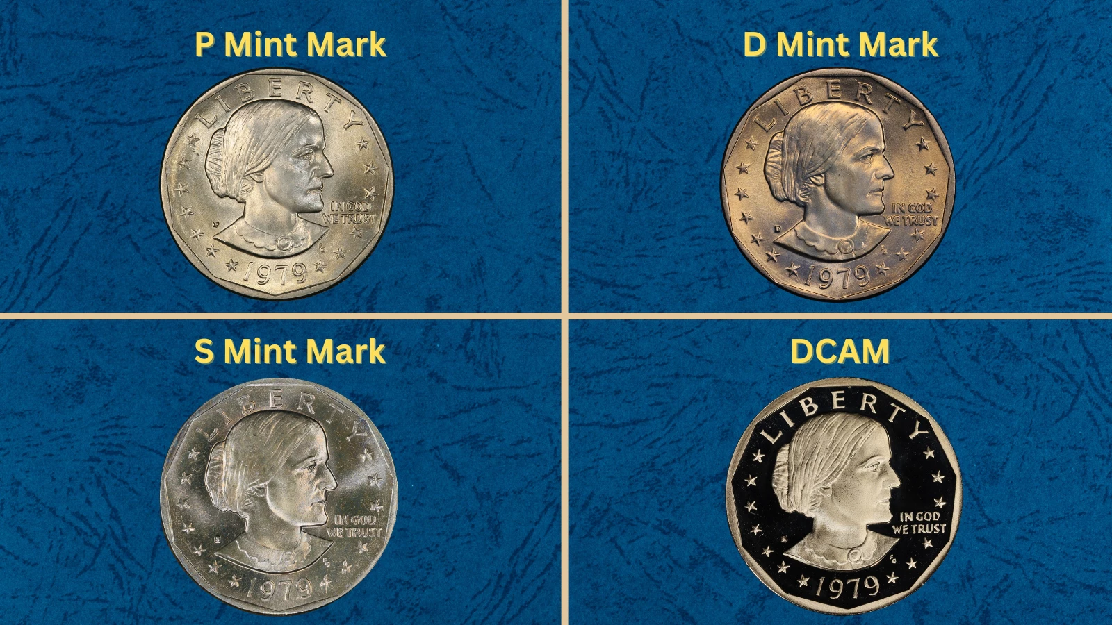 Group of 1979 Susan B. Anthony dollars from all three mints arranged showing P, D, and S mint marks and varying grades