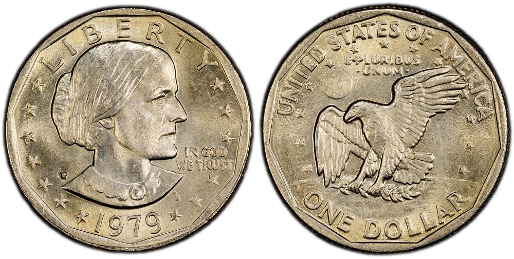 1979 Susan B. Anthony dollar grading strip showing four condition tiers from worn to gem uncirculated side by side